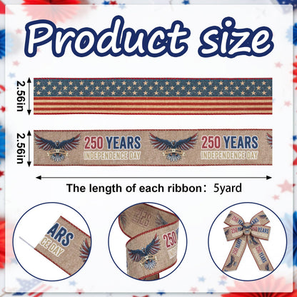Bllavie 2 Rolls USA 250th Anniversary Ribbons for Wreath Bows Gifts, Red Blue Star Burlap Ribbons Patriotic Ribbon 4th of July Memorial Day Ribbon Bow for Gift Wrapping DIY Crafts Wreath Decor