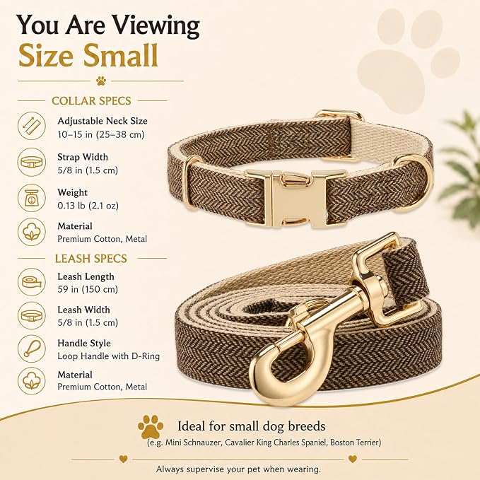 Herringbone Tweed Dog Collar and Leash Set for Small Dogs, Grey-Brown | Snag-free, no-rub design. Soft breathable cotton, gentle on fur. Adjustable durable matching combo for walks & outdoors.