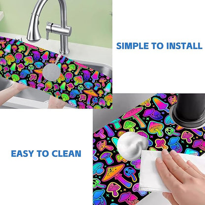Bright Psychedelic Mushroom Kitchen Sink Splash Guard Mat Absorbent Fast Drying