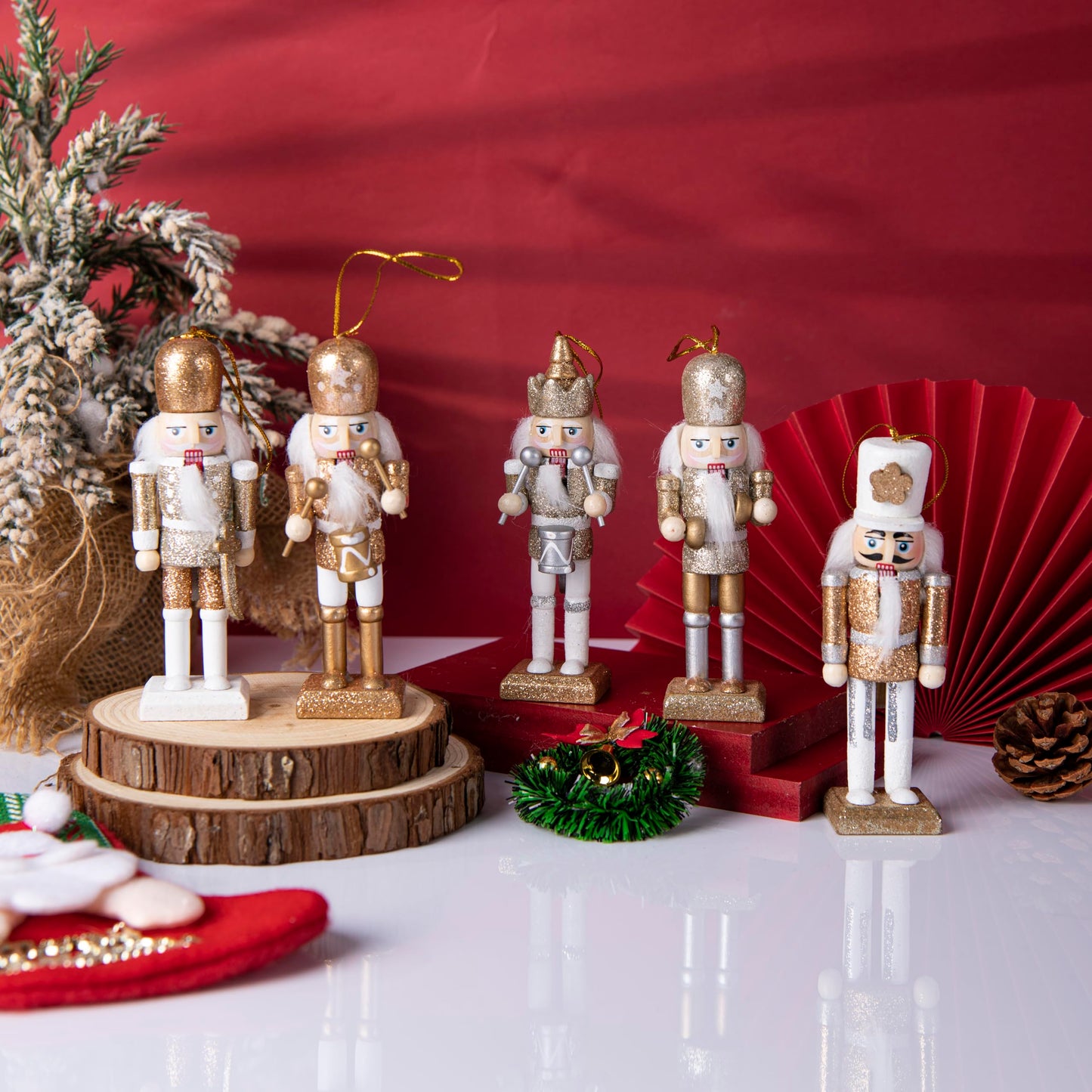 10 Pcs Mini Christmas Nutcracker Ornaments Set Classic Small Wooden Bulk Nut Cracker Figure Decor Wood Miniature Toy Soldier Christmas Tree Topper Decorations, White Silver Glitter Gold, 5 Inch