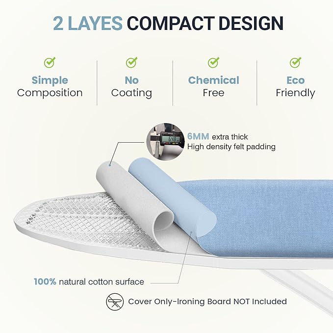 Ironing Board Cover and Pad 18"x49" Extra Thick Natural Cotton, Scorch and