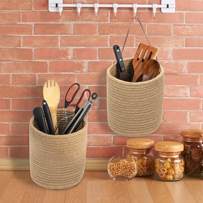 YOUEON Set of 2 Jute Hanging Basket 7.8" x 6.7", Small Wall Hanging Planter