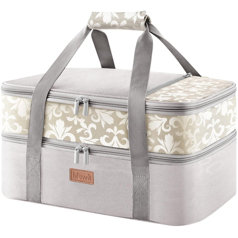 Lifewit Insulated Double Decker Casserole Carrier for Hot or Cold Food, Lasagna Lugger Holder Fits 9" x 13" Baking Dish, Thermal Lunch Tote Bag for Potluck Parties, Picnic and Cookouts, Grey