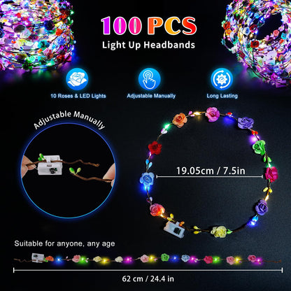 HONLYNE 100 PCS LED Flower Crowns Headbands, Light Up Flower Crowns For Women, Glow in the Dark Headband for Wedding Reception Birthday Christmas Mardi Gras Cosplay Princess Party Favors