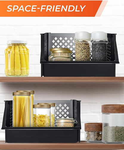XLarge Stackable Storage Bins Open Front for Pantry Storage, 3 Pack - Black | Sturdy Plastic, Easy Stacking, Open Front Access, Ventilated Sides, Vertical & Space Saving Pantry Organizers and Storage Bin