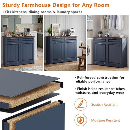 Double 10 Gallon Tilt Out Trash Can Cabinet with Deodorizing Function and Power Outlet, Wooden Hidden Garbage Can Holder with 2 Storage Drawers for Kitchen, Laundry Hamper Cabinet for Bathroom, Blue