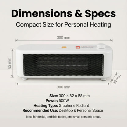 500W Graphene Far-Infrared Mini Desktop Heater, Low-Noise Personal Space Heater with Overheat Protection, Compact Under-Desk & Office Heater, 2 Heat Settings, Safe-Touch Housing