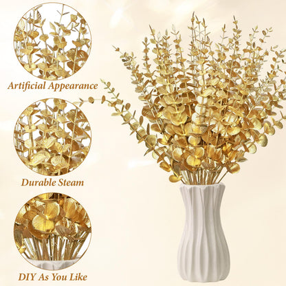 ABYCZFCD 50 Pcs Gold Flowers Gold Eucalyptus Leaves Stems 15'' Faux Eucalyptus Leaves Decor Fake for Wedding Party Bouquet House Home Farmhouse Vase DIY Craft