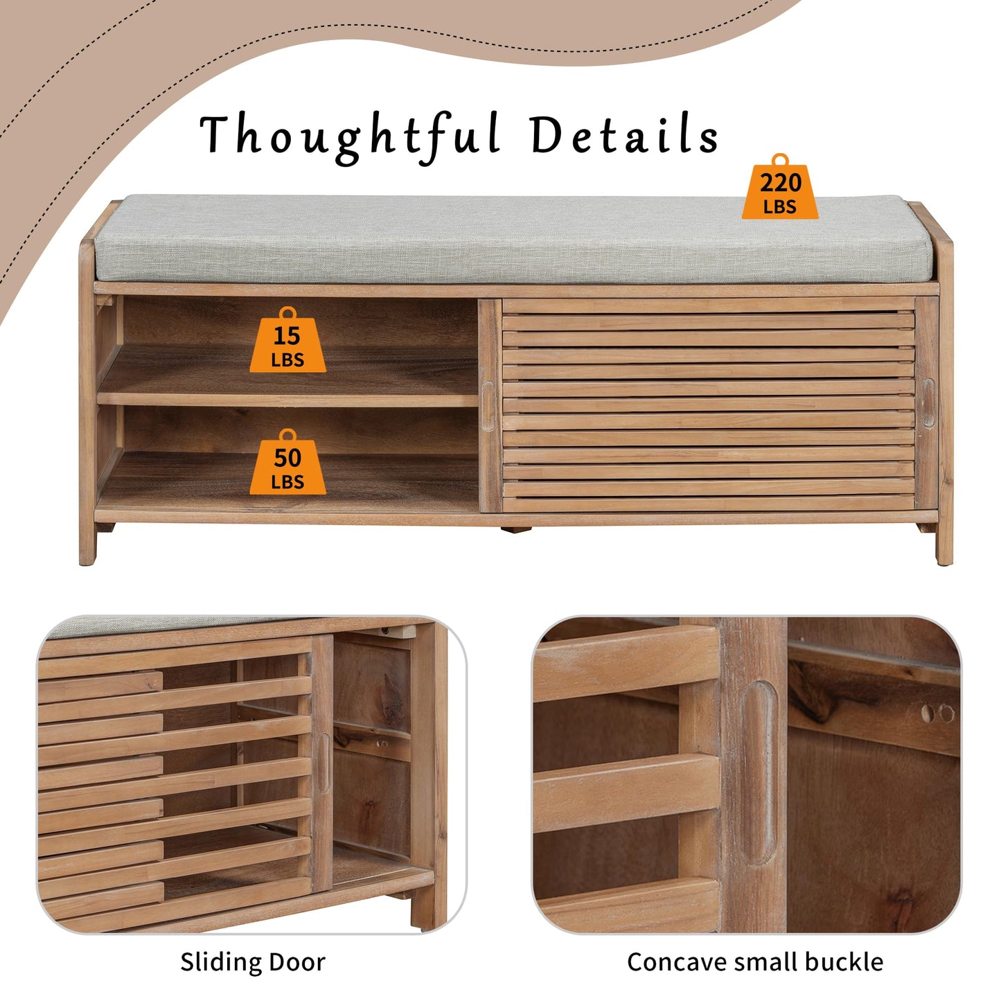Ball & Cast Entryway Storage Bench with Shutter Doors, 43.3" Wooden Shoes Organizer, Modern Movable Upholstered Seat Entryway Shoe Rack Cabinet for Hallway Living Room, Natural White