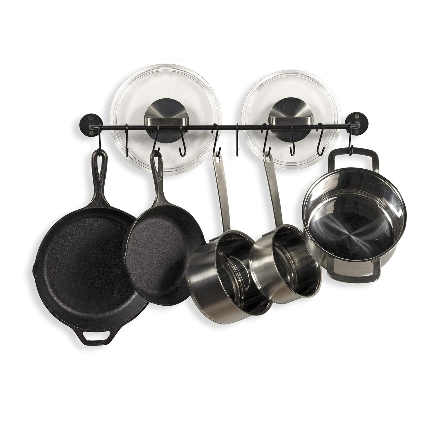 Wallniture 24" Gourmet Kitchen Rail for with 10 S Hooks for Hanging Utensils, Pot Pan Lid Rack Storage Organizer Set, Steel, Black