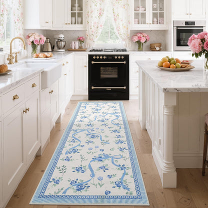 GarveeHome Runners for Hallways Non Slip, 2x6 Kitchen Runner Rug Blue and White Rugs for Bedroom Girls, Low Pile Soft Washable Runner Floral Bow Rug for Nursery Entryway Dorm
