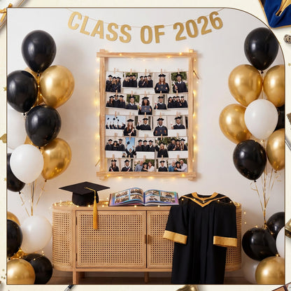 Cinnvoice 33x25 Inch Graduation Decorations Class of 2026 Freestanding Photo Display Board with 30 Clips Stable Tabletop Wooden Picture Frame Collage for Party Hanging Photos Postcards Greeting Cards