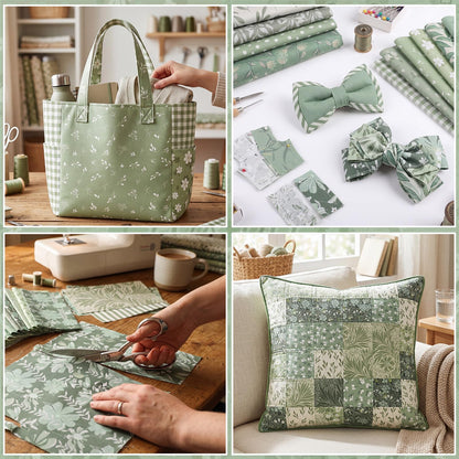 25 Pcs Sage Green Quilting Fabric Scraps, 10''x10'' Green Cotton Fabric Squares Vintage Precut Quilt Kits Include Floral Pattern Spring Leaf Print for DIY Craft Supplies