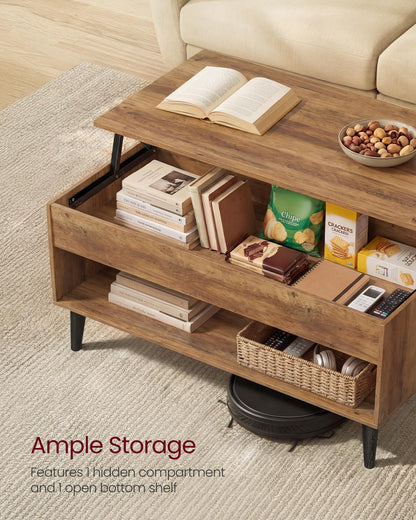 VASAGLE Lift Top Coffee Table, Lift Tabletop Dining Table, Gas Spring, Hidden Compartment, Open Storage Shelf, for Living Room, Home Office, Honey Brown ULCT268KB01S