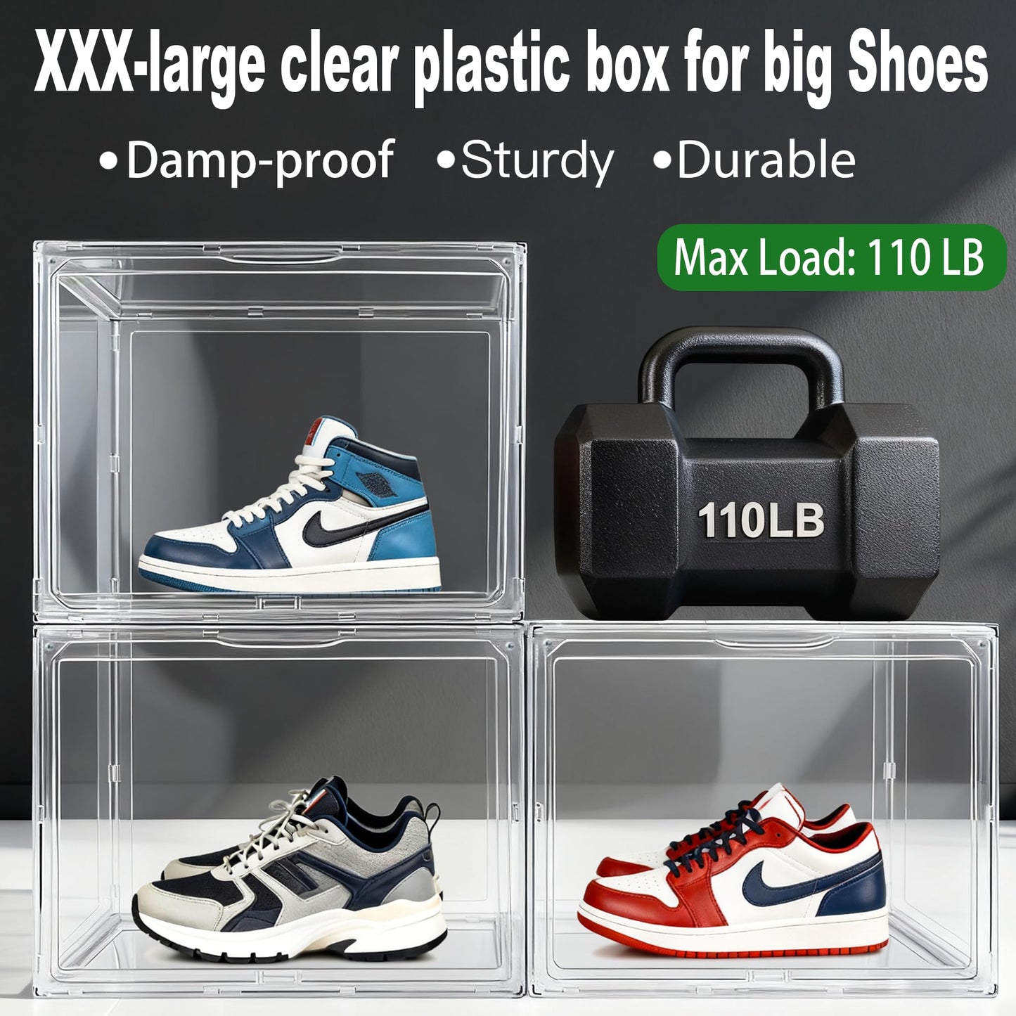 5 Pack XXX-Large Super Large Acrylic Display Case Figures Collectibles Helmet Showcase Boot & Shoe Boxes Clear Stackable Plastic Storage Bins Organizer with Magnetic Lid, 5 Pack with 2 Shoe Bags