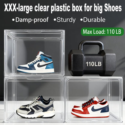 5 Pack XXX-Large Super Large Acrylic Display Case Figures Collectibles Helmet Showcase Boot & Shoe Boxes Clear Stackable Plastic Storage Bins Organizer with Magnetic Lid, 5 Pack with 2 Shoe Bags