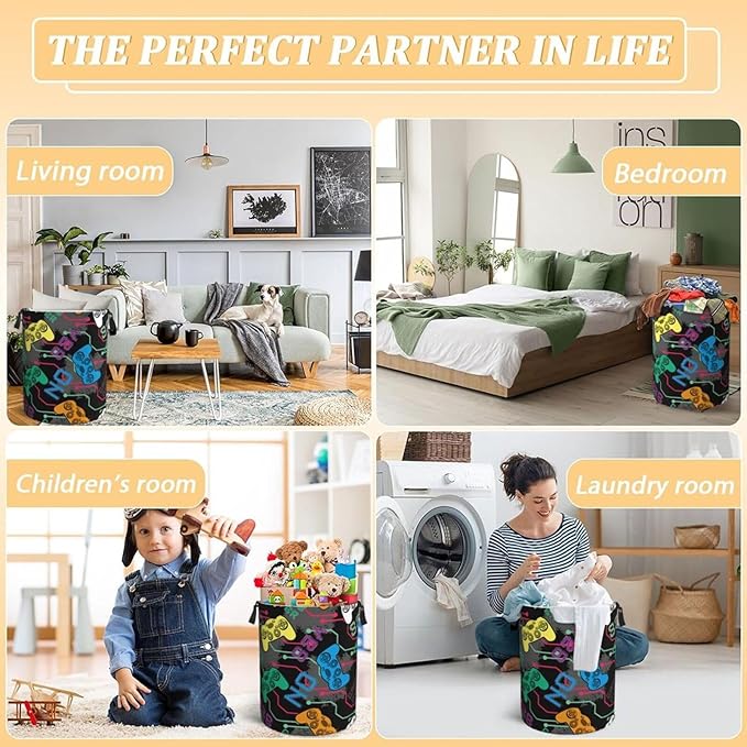 Colorful Game Joysticks Laundry Hamper Bag, Video Game Controller Background