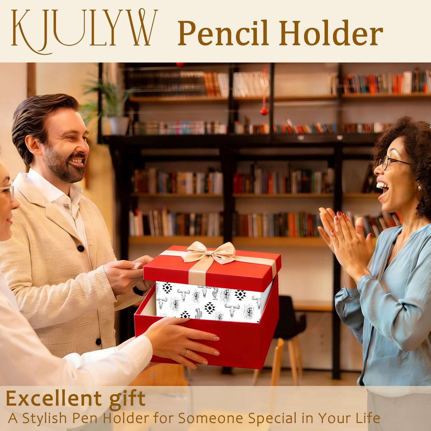 KJULYW Western Desk Accessories Pen Holder, Western Office Decor, Boho Aztec Bull Skull Cactus Wooden Box Pencil Pen Holder Organizer for Home Office Desk Accessories