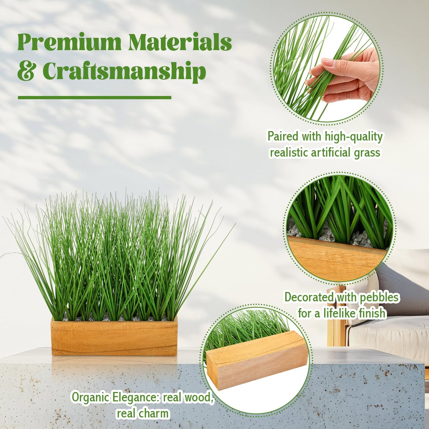 Luinabio 2 Pack 12 Inch Artificial Grass Plants in Acacia Solid Wood Planter Box Decorative Wooden Container with Faux Greenery Plant for Indoor Home Table Rustic Decor