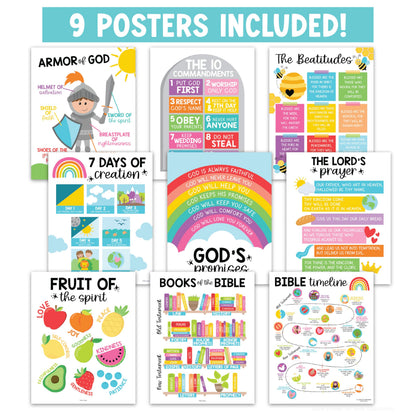 Hadley Designs Sunday School Decorations for Classroom –9 Bible Posters for Kids, Books of the Bible, 10 Commandments, Bible Timeline Chart, Fruits of the Spirit, Rainbow Christian Classroom Decor