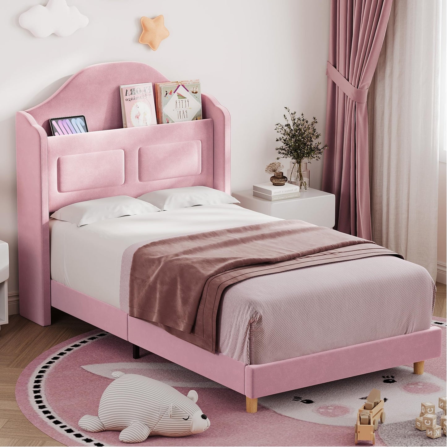 IDEALHOUSE Twin Bed Frames for Kids/Girls, Wingback Velvet Platform Bed with LED Lights for Princess, Upholstered Storage Headboard, Wooden Slats Support, No Box Spring Needed, Pink