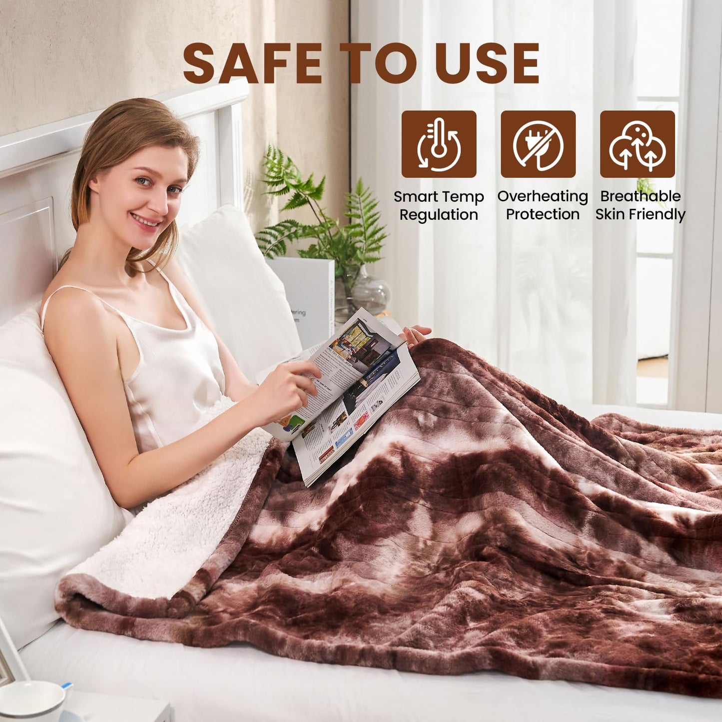Electric Heated Blanket 50"x60",Luxury Grey Faux Fur Electric Throw Blanket,Fast Heating Soft Fluffy Thick Electric Blanket with 6 Heating Levels & 12H Auto Off
