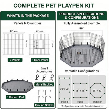 PJYuCien Dog Playpen with Bottom Pad - Metal Foldable Exercise Pen, 8 Panels 24" H x 24" W Indoor Outdoor Pet Fence Puppy Crate Kennel, Gray