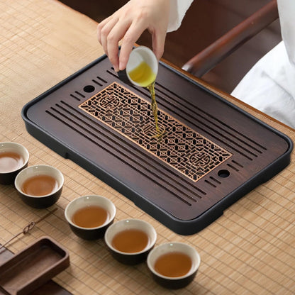 5 PCS Wooden Tea Tray Set, Tea Serving Tray with Accessories, Kungfu Tea Tray Set, Tea Serving Tray Drain & Store Water for Home Office, Includes Cleaning Brush, Silicone Hose, Tea Cloth, Tea Tongs