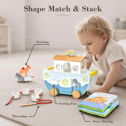 Wooden Noah’s Ark Toy with Cloth Book, Baptism Gifts for Boys and Girls, Christian Shape Sorter Pull Along Playset, Montessori Toys for 1 Year Old, Animal Matching Stacking and Threading Toys