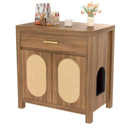Hidden Cat Litter Box Enclosure Furniture with Scratching Board Doors and Storage Drawer, Wooden Washroom Cat House Cabinet Side Table Nightstand for Living Room, Espresso