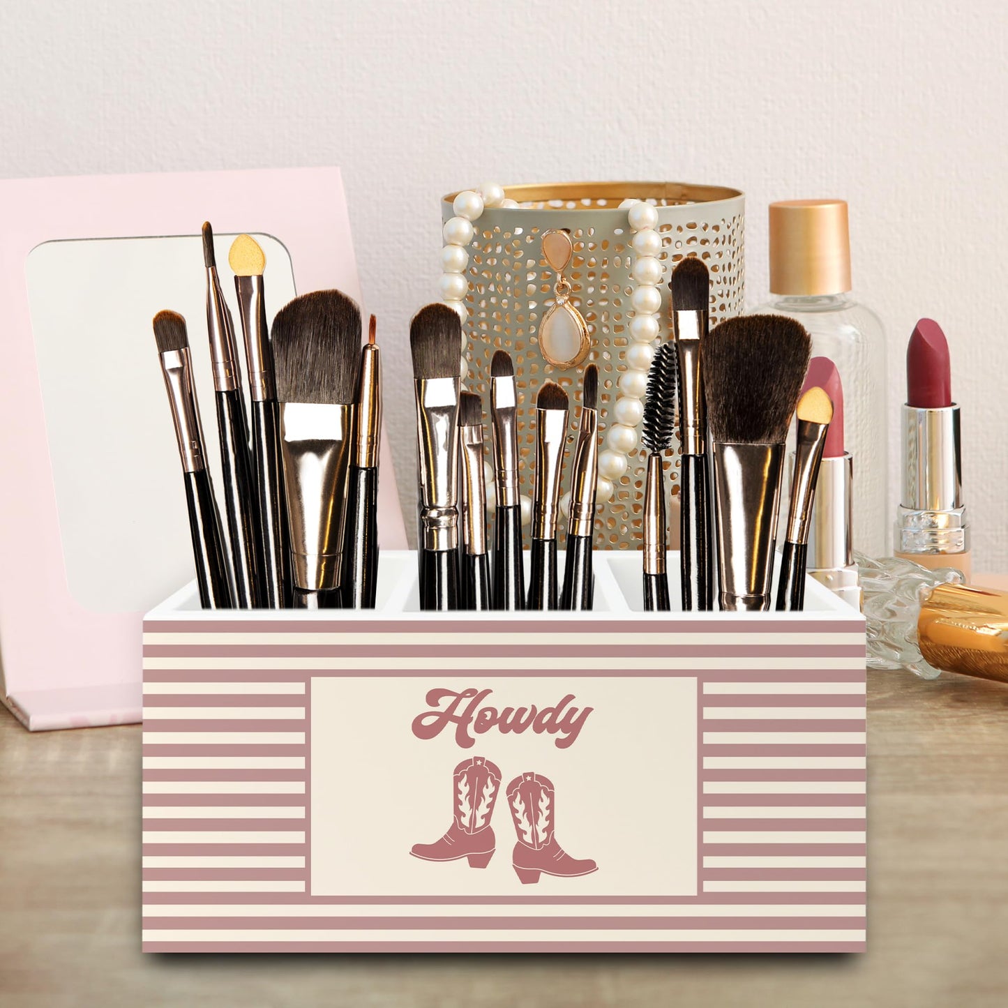 QZQE Pink Western Cowgirl Pen Pencil Holder Organizer for Desk, Pink Striped Howdy Western Boots Wooden Box Signs Decorations for Girls Room Bedroom Desk Tabletop, Cowgirl Gifts for Women