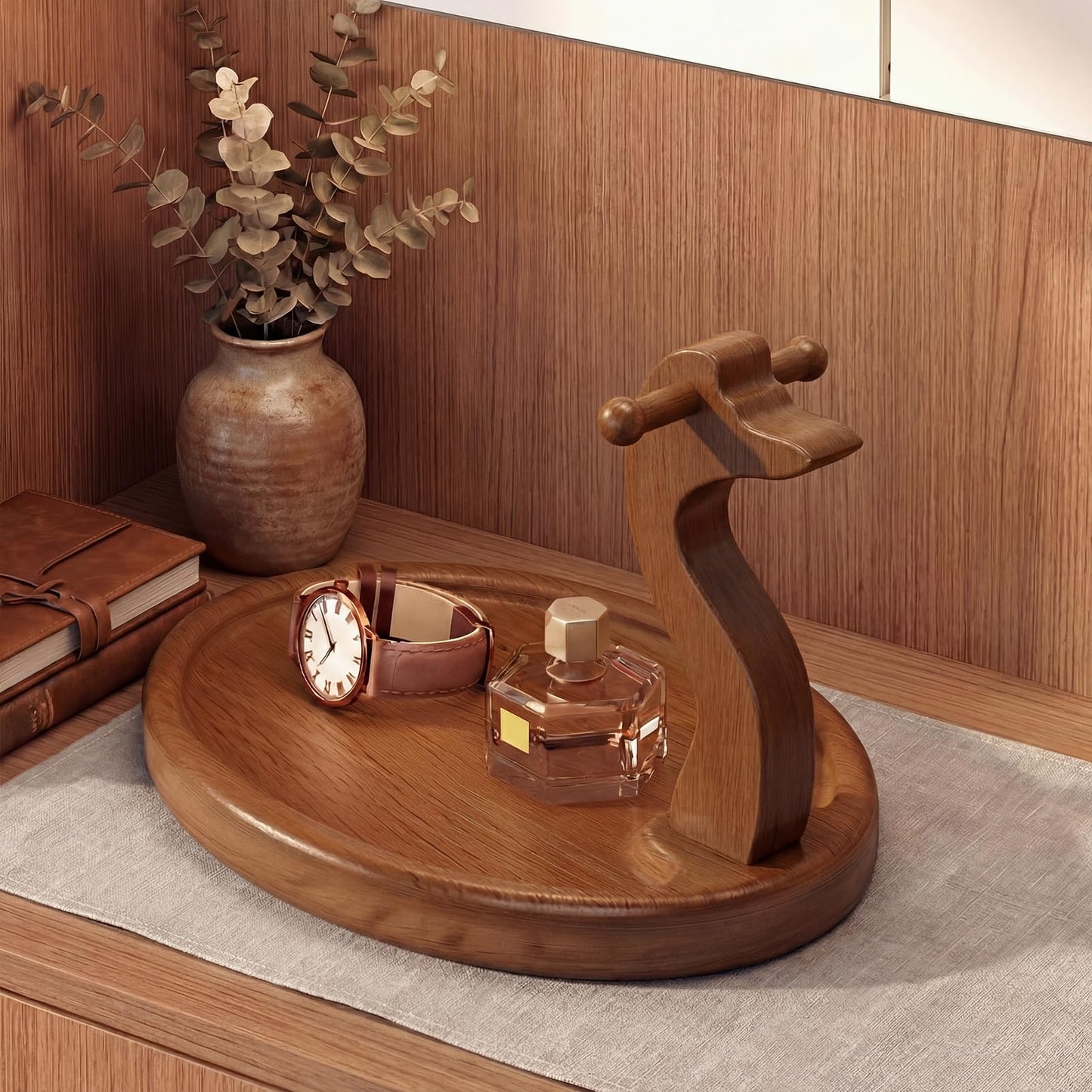 HonorHut Solid Wood Key Stand Entryway Key Holder with 2 Hooks Decorative Jewelry Wooden Dish Keys Bowl for Hallway Living Room Bedroom Swan, Circle
