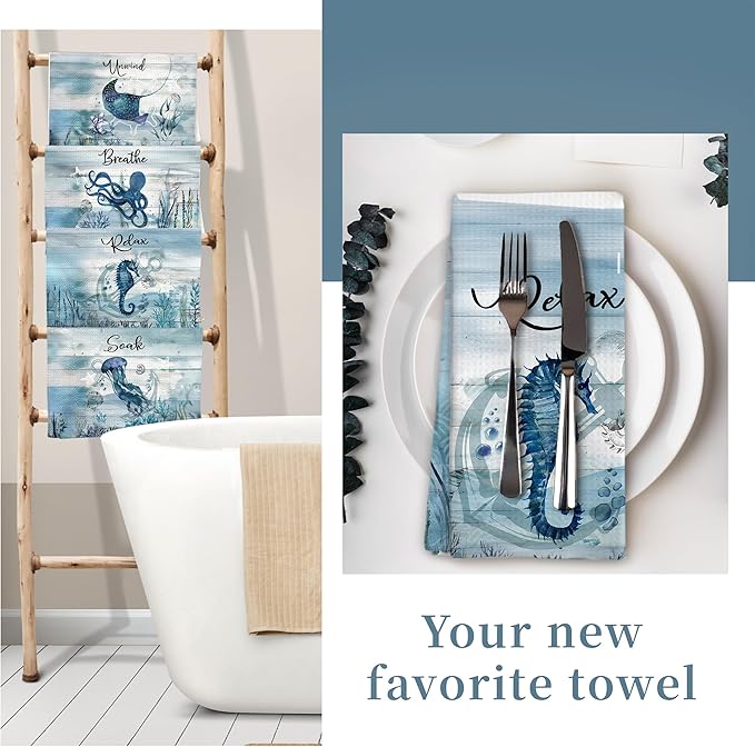 Nautical Hand Towels, Coastal Beach Bathroom Decor, Manta Ray Octopus Jellyfish
