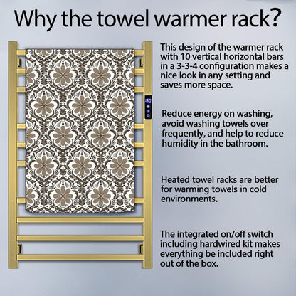 Towel Warmer Rack for Bathroom with Timer/Fahrenheit Temperature Control Wall Mounted Electric Heated 10 Bar Rail Plug-in or Hardwired Keep Bath Shower Towel Warming (Brushed Gold)