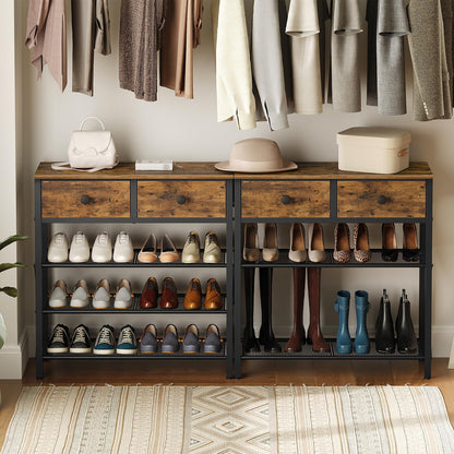 YATINEY 10 Tier Shoe Rack and 4 Tier Shoe Rack, Large Capacity Shoe Storage Organizer, Metal Shoe Shelf with Drawer and Wooden Top, for 16 Pairs of Shoes, for Entryway, Closet SS10BCG1-SS24BR