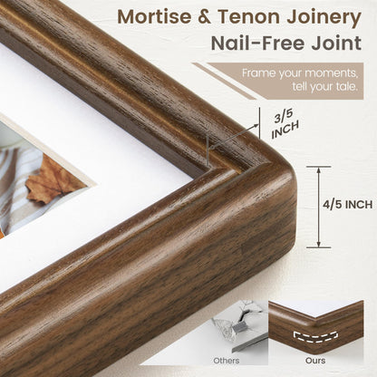 11x14 Picture Frame, USA-Sourced Natural Solid Walnut Wood Photo Collage Frame with HD Tempered Glass, Rounded Corner 11 x 14 Wooden Frame Matted to 8x10, Vertical & Horizontal Wall Hanging Display