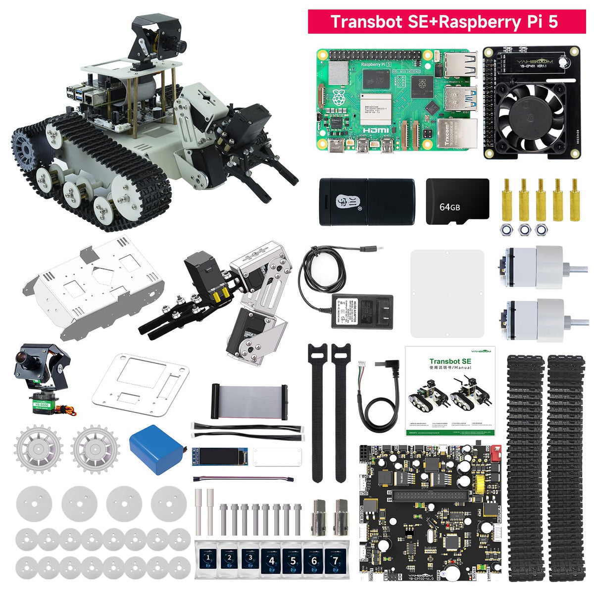 Yahboom Raspberry Pi 5 Robot Track Tank Car Kit with Robotic Arm Artificial Intelligence Learning Electronic Programming for Teens Adults (Transbot-SE with Pi 5 4G)