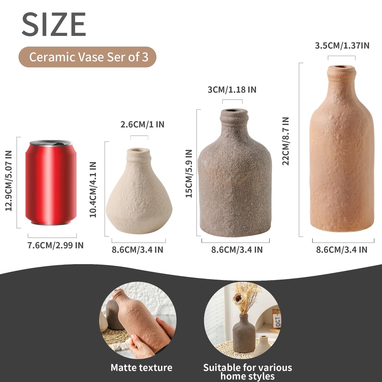 Ceramic Vase Set of 3, Vases Home Decor, Decorative Vases for Table, Boho Flower Vase Modern Neutral Vases for Room Decor, Table, Mantel,Entryway Living Room Kitchen Bedroom Bathroom - Brown