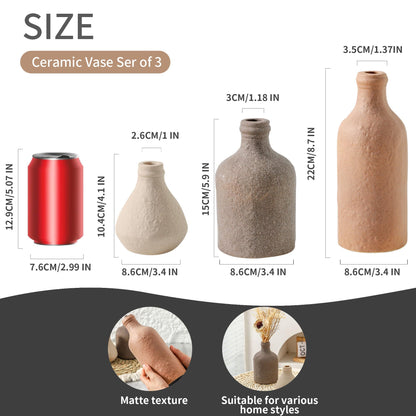 Ceramic Vase Set of 3, Vases Home Decor, Decorative Vases for Table, Boho Flower Vase Modern Neutral Vases for Room Decor, Table, Mantel,Entryway Living Room Kitchen Bedroom Bathroom - Brown
