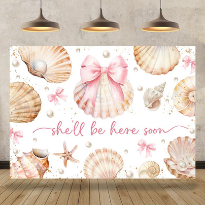 Bcuuipo Shell Themed Baby Shower Backdrop She'll Be Here Soon Pink Bowknot Pearl Seashell Photography Background for Girls Newborn Baby Shower Party Decoration Supplies Banner Photo Booth Props 7x5ft