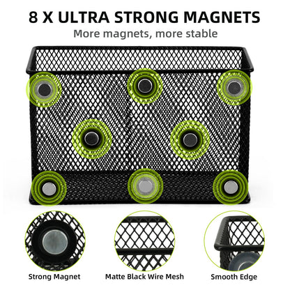 Neudeco Magnetic Locker Shelf Organizer, Pencil Holder, Metal Storage Basket for Whiteboard, Refrigerator, Ideal Cabinet for School, Black (Pack of 3)