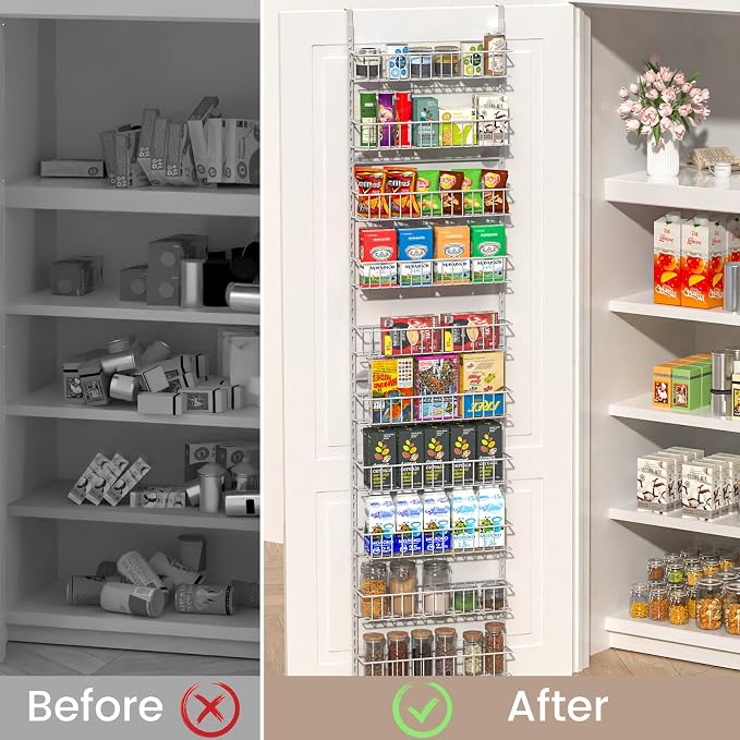 ElegantArray 10-Tier Pantry Door Oragnizer, Over The Door Pantry Organizer Rack and Storage, Hanging Spice Rack Shelves Door, Home Office Laundry Room Bathroom & Kitchen Organization, Light Gray