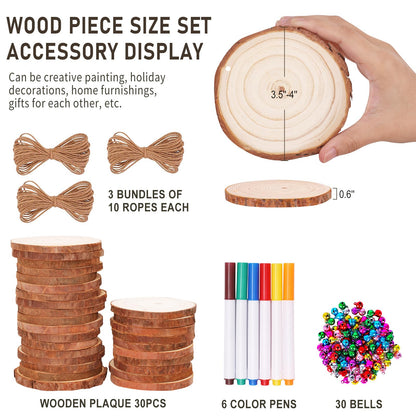 Max Fun Natural Wood Slices 30PCS 3.5-4'' Crafts DIY Wooden Christmas Ornaments Unfinished Predrilled Round Wood Circles for Arts and Crafts Centerpieces Holiday Hanging Decorations