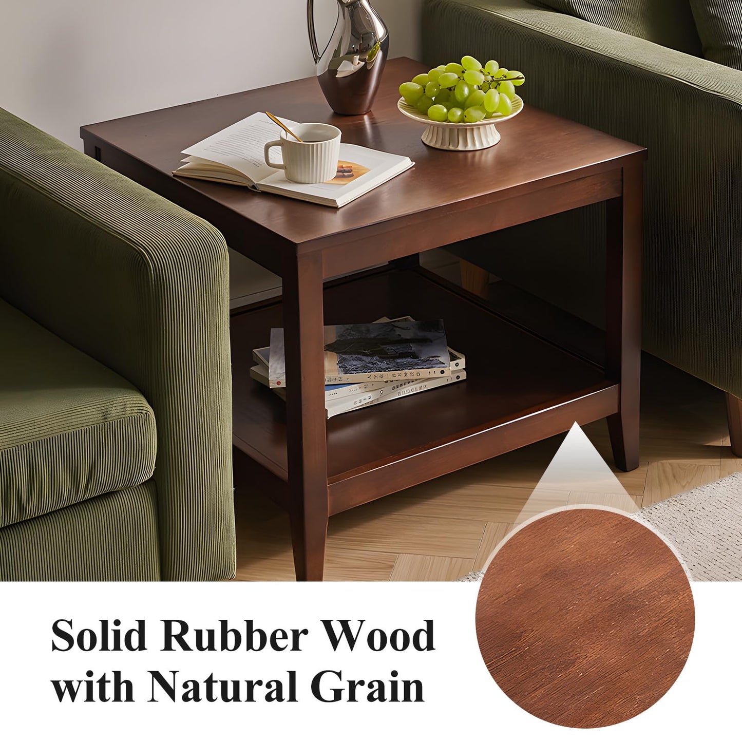 Cttasty Side Table, Solid Wood Square End Table with Storage Shelf, 2-Tier Coffee Table for Living Room, Rubber Wood Small Sofa Table, Nightstand 23.62 H x 23.62 W x 23.62 D Inches (Walnut)