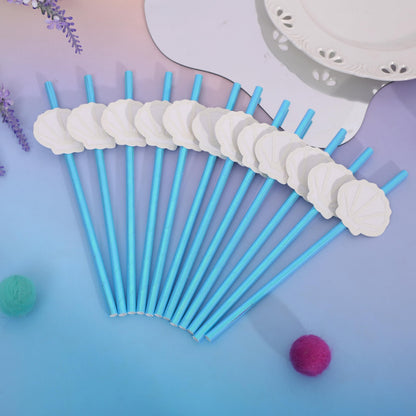 12Pcs White Shell Blue Straws - Ocean Birthday Wedding Decorations,Shell Disposable Drinking Paper Straws,Last Toast on the Coast Party Decorations,Seashells Bachelorette Party Centerpieces