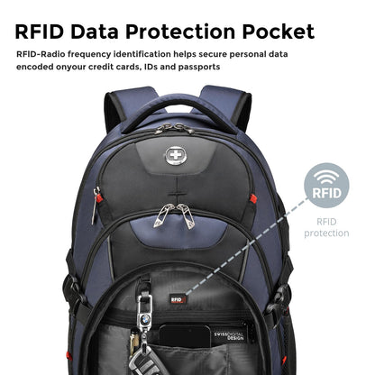 Swissdigital Design Laptop Backpack with USB Charging Port, Travel Backpack Fits 15.6 inches Computer, 31L College School Backpack for Men, Blue/Black | SD803-12