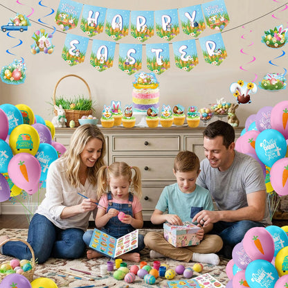 Favuit Happy Easter Party Decorations Kit, Easter Egg Bunny Party Supplies with Banner, Cake Topper, Cupcake Picks, Balloons, Stickers & Hanging Swirls for Home & Classroom