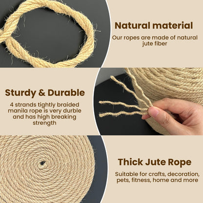 Natural Jute Twine 5mm x 328ft, 4Ply Twisted Heavy Duty Rope Roll for Gardening, Crafting, Bundling, Cat Scratching Post, Home Decor, Christmas Decorations