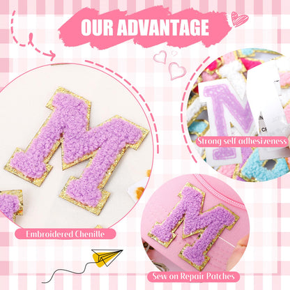72 Pcs Preppy Chenille Patches Self Adhesive for DIY Clothing,Include 52 A-Z Chenille Letter Patches Stick on,20 Rainbow Flower Lighting Bowknot Embroidered Stickers Patches for Backpacks Bags Hats