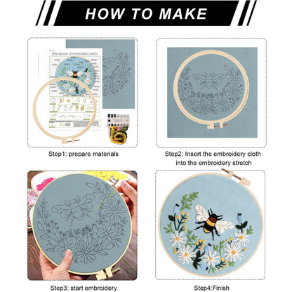 Lukinbox Embroidery Starter Kit for Beginners, 3 Sets Cross Stitch Kits for Adults, Include Embroidery Clothes with Cute Bees and Flowers Patterns, 1 Embroidery Hoop, Threads, Needles and Instruction